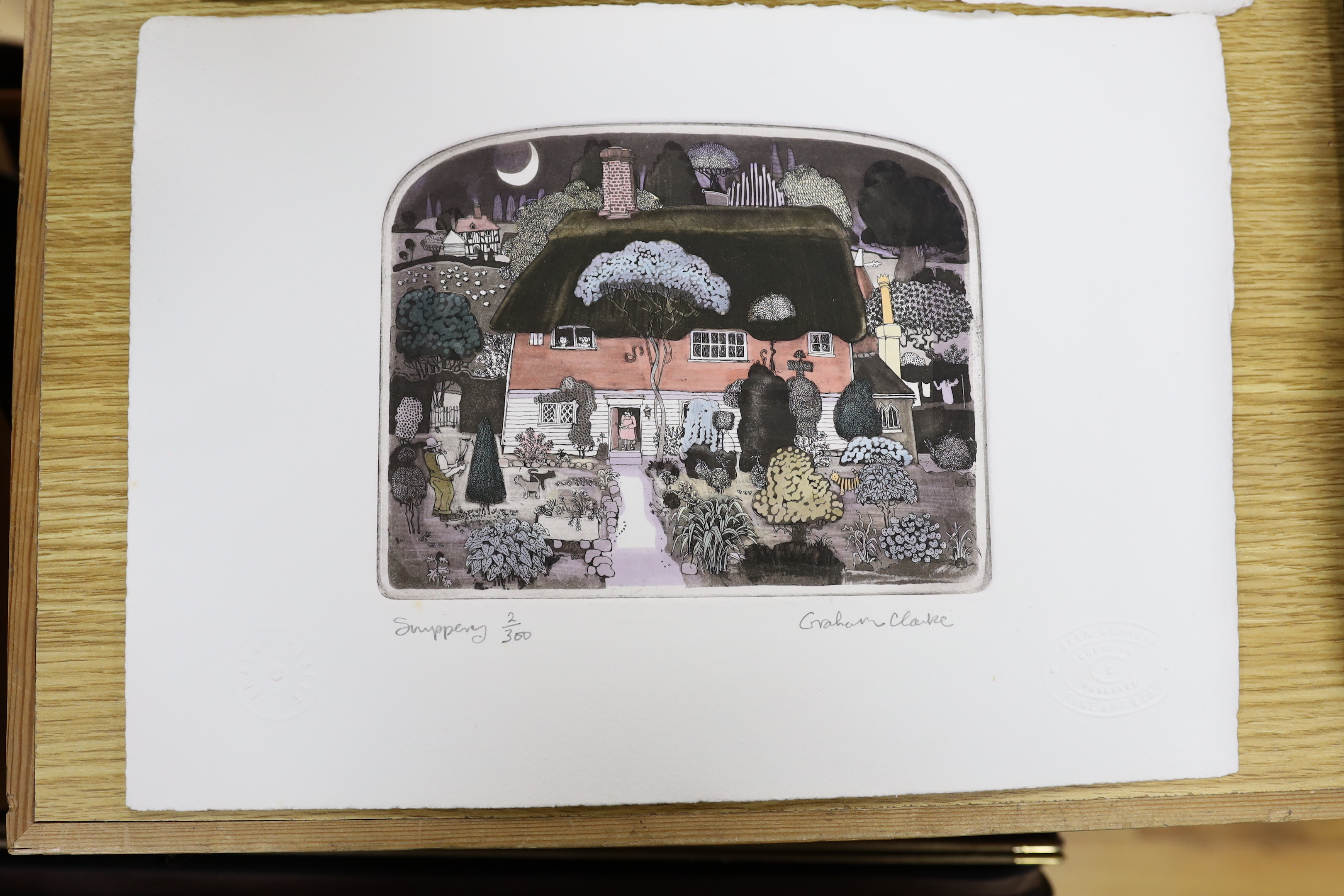 Graham Clarke (b.1941) set of eight colour etchings, including 'Morning Rush', 'Mother Hen' and 'Groundsman', each signed in pencil, with blindstamps and limited edition of 300, 33 x 23cm, unframed